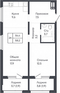Двушка 58 кв. м